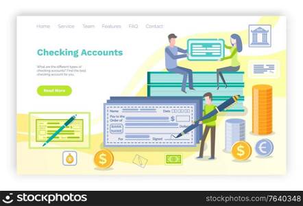Checking account vector, man with pen ready to sign check with personal information, transaction of money. Banking system and banking of people. Website or webpage template, landing page flat style. Checking Accounts, Man Signing Check Website Web
