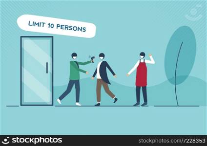 Checking body temperature before entering store and limit people because Coronavirus or COVID-19, People wearing face mask wait and line up keep distance away. Vector illustration design.
