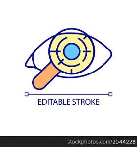 Checking eyeball for healthcare RGB color icon. Immediate recovery period. Time for vision to stabilize after operation. Isolated vector illustration. Simple filled line drawing. Editable stroke. Checking eyeball for healthcare RGB color icon