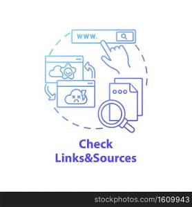 Checking links and sources concept icon. Fake news check idea thin line illustration. Low-credibility sources. Detecting potential information manipulation. Vector isolated outline RGB color drawing. Checking links and sources concept icon