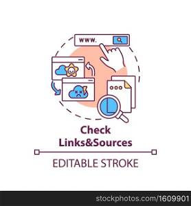 Checking links and sources concept icon. Fake news checking idea thin line illustration. Low-credibility sources. Independent fact-checking. Vector isolated outline RGB color drawing. Editable stroke. Checking links and sources concept icon