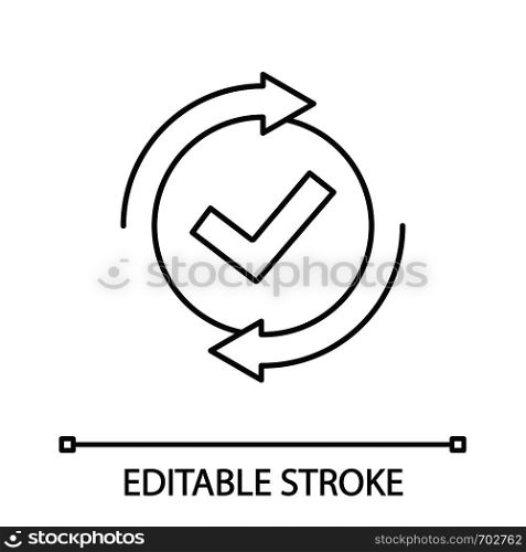 Checking process linear icon. Successfully checked. Thin line illustration. Approved. Testing. Checkmark. Check mark with circle arrows. Vector isolated outline drawing. Editable stroke. Checking process linear icon