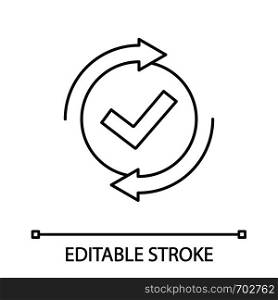 Checking process linear icon. Successfully checked. Thin line illustration. Approved. Testing. Checkmark. Check mark with circle arrows. Vector isolated outline drawing. Editable stroke. Checking process linear icon