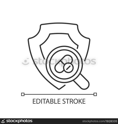 Checking safety of new drugs linear icon. Dose response assessment. Acute toxicity tests. Thin line customizable illustration. Contour symbol. Vector isolated outline drawing. Editable stroke. Checking safety of new drugs linear icon