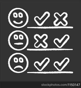 Checklist chalk icon. Choosing option. Good, bad experience. Voting. Check list. Agree, disagree. Satisfaction level. Positive, negative. Multiple opinions. Isolated vector chalkboard illustration