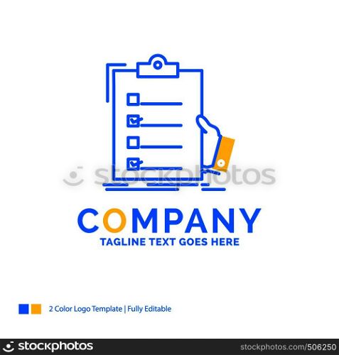 checklist, check, expertise, list, clipboard Blue Yellow Business Logo template. Creative Design Template Place for Tagline.
