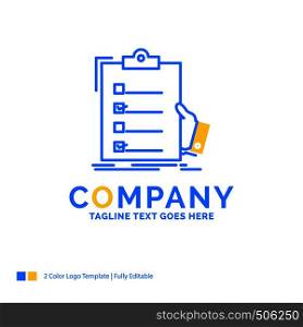 checklist, check, expertise, list, clipboard Blue Yellow Business Logo template. Creative Design Template Place for Tagline.
