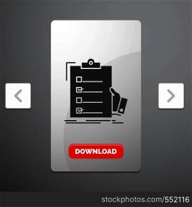 checklist, check, expertise, list, clipboard Glyph Icon in Carousal Pagination Slider Design & Red Download Button. Vector EPS10 Abstract Template background