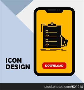 checklist, check, expertise, list, clipboard Glyph Icon in Mobile for Download Page. Yellow Background. Vector EPS10 Abstract Template background