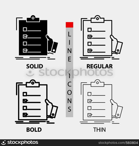checklist, check, expertise, list, clipboard Icon in Thin, Regular, Bold Line and Glyph Style. Vector illustration. Vector EPS10 Abstract Template background