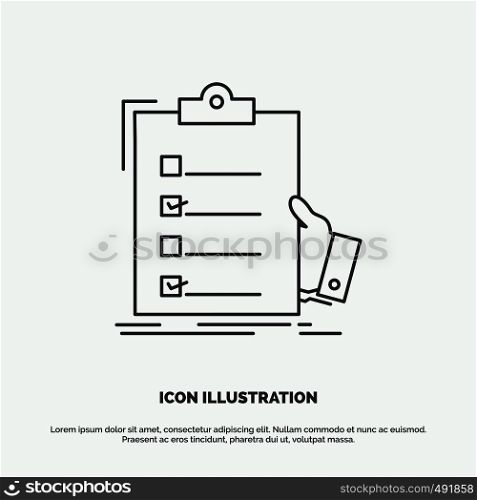 checklist, check, expertise, list, clipboard Icon. Line vector gray symbol for UI and UX, website or mobile application. Vector EPS10 Abstract Template background