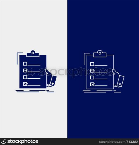 checklist, check, expertise, list, clipboard Line and Glyph web Button in Blue color Vertical Banner for UI and UX, website or mobile application. Vector EPS10 Abstract Template background