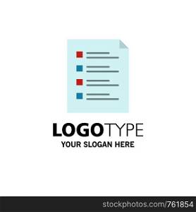 Checklist, Check, File, List, Page, Task, Testing Business Logo Template. Flat Color