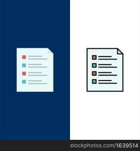 Checklist, Check, File, List, Page, Task, Testing  Icons. Flat and Line Filled Icon Set Vector Blue Background