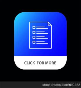 Checklist, Check, File, List, Page, Task, Testing Mobile App Button. Android and IOS Line Version
