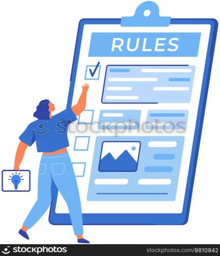 Checklist complete business concept. Woman near giant clipboard, task done and check mark ticks. Businesswoman checks document with rules. Form with survey, paper sheet with results of review. Woman near giant clipboard, task done and check mark ticks. Businesswoman checks document with rules