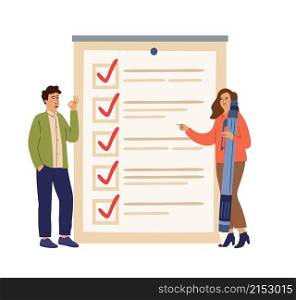 Checklist concept. Successful workers, business people start up task board. Tasks ready, smart time management vector illustration. Business woman and success worker planning. Checklist concept. Successful workers, business people start up task board. Tasks ready, smart time management vector illustration