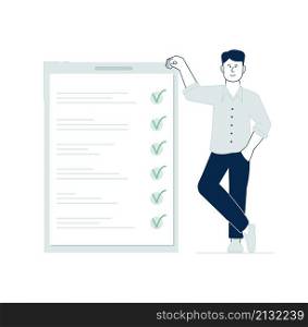 Checklist concept. Task check, success work planning. Successful businessman with test form, exam or plan. Manager and to do list recent vector concept. Illustration of work task and check list. Checklist concept. Task check, success work planning. Successful businessman with test form, exam or plan. Manager and to do list recent vector concept