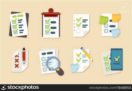 Checklist icons. Notepad schedule customer marks research clipboard vector business checklist collection. Illustration checklist and check clipboard. Checklist icons. Notepad schedule customer marks research clipboard vector business checklist collection