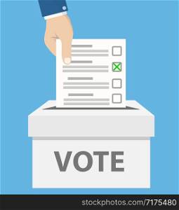 checklist in man hand in vote box on blue, stock vector illustration