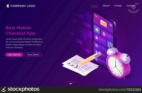 Checklist isometric landing page, pen put mark on check list document at smartphone with message mobile app on screen and alarm clock. Online survey, quiz, customer questionnaire, 3d vector web banner. Checklist isometric landing page, mobile app.