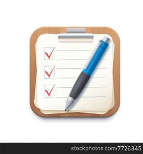 Checklist notepad icon, clipboard or check list board, vector application sign. Checklist notepad with pen, app icon with paper document and questionnaire tick marks, survey notes or notebook pad. Checklist notepad clipboard icon, check list board