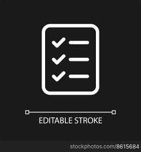Checklist of tasks pixel perfect white linear ui icon for dark theme. Project management. Vector line pictogram. Isolated user interface symbol for night mode. Editable stroke. Poppins font used. Checklist of tasks pixel perfect white linear ui icon for dark theme