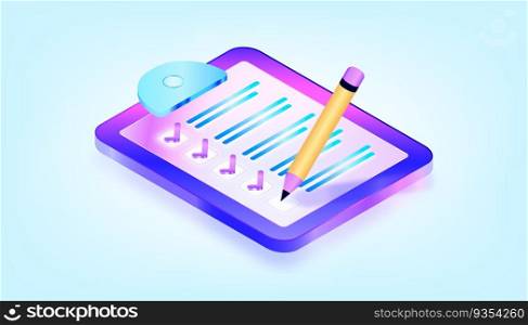 Checklist on a clipboard paper. Successful completion of business tasks. 3D Gradient Isometric Illustrations. Suitable for ui, ux, web, mobile, banner and infographic.