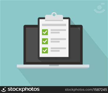 Checklist on laptop screen flat vector icon. Laptop and clipboard with checkbox, green check marks. To-do list, survey, exam concepts. Vector illustration.. Checklist on laptop screen flat vector icon. Laptop and clipboard with checkbox, green check marks. To-do list, survey, exam concepts.