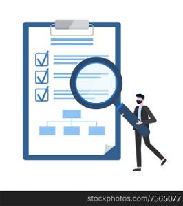 Checklist on notepad and businessman with magnifier vector. Entrepreneur with glass device for search, business plan with check marks isolated icon. Checklist on Notepad, Businessman with Magnifier