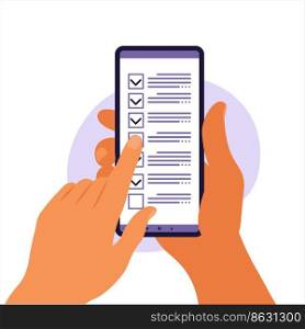 Checklist on smartphone screen. Online survey concept. Hand holds mobile phone and check list with checkmark. Vector illustration. Flat