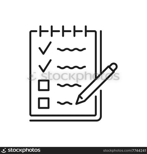 Checklist or schedule outline icon, plan or reminder thin line symbol. Diet and healthy lifestyle planning minimalistic sign, task management and to do list vector symbol with notebook and pen. Checklist or schedule plan outline icon or symbol