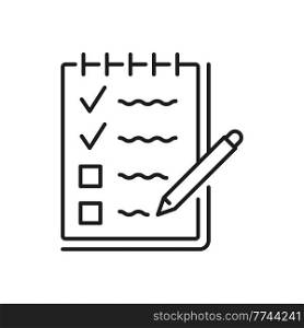 Checklist or schedule outline icon, plan or reminder thin line symbol. Diet and healthy lifestyle planning minimalistic sign, task management and to do list vector symbol with notebook and pen. Checklist or schedule plan outline icon or symbol