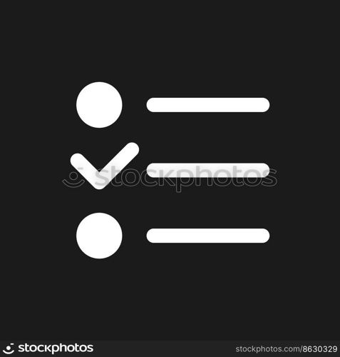 Checklist pixel dark mode glyph ui icon. To do list online. Planner tool. User interface design. White silhouette symbol on black space. Solid pictogram for web, mobile. Vector isolated illustration. Checklist pixel dark mode glyph ui icon