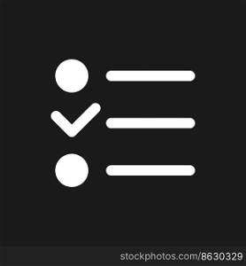 Checklist pixel dark mode glyph ui icon. To do list online. Planner tool. User interface design. White silhouette symbol on black space. Solid pictogram for web, mobile. Vector isolated illustration. Checklist pixel dark mode glyph ui icon