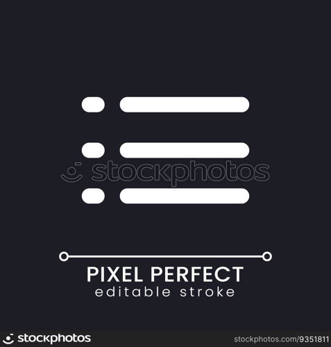 Checklist pixel perfect white linear ui icon for dark theme. Media playlist. App navigation. Vector line pictogram. Isolated user interface symbol for night mode. Editable stroke. Poppins font used. Checklist pixel perfect white linear ui icon for dark theme