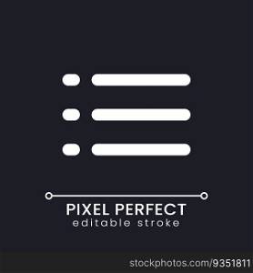 Checklist pixel perfect white linear ui icon for dark theme. Media playlist. App navigation. Vector line pictogram. Isolated user interface symbol for night mode. Editable stroke. Poppins font used. Checklist pixel perfect white linear ui icon for dark theme