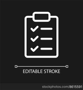 Checklist pixel perfect white linear ui icon for dark theme. Wellness to do list. Questions form. Vector line pictogram. Isolated user interface symbol for night mode. Editable stroke. Arial font used. Checklist pixel perfect white linear ui icon for dark theme
