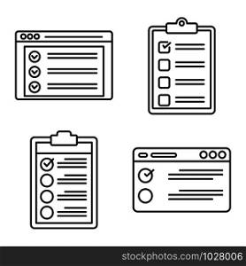 Checklist test icons set. Outline set of checklist test vector icons for web design isolated on white background. Checklist test icons set, outline style