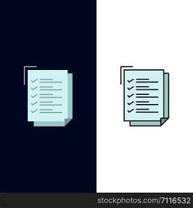 Checklist, To Do List, Work Task, Notepad Icons. Flat and Line Filled Icon Set Vector Blue Background