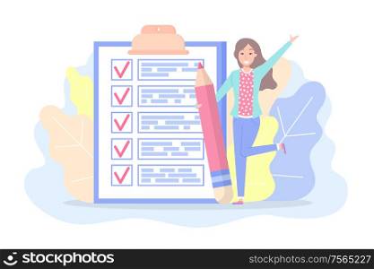Checklist with marks and text woman planning plan vector. Lady holding big pencil, foliage and frontage. Things to do on paper, page with working tasks in flat style. Checklist with Marks and Text Woman Planning Plan