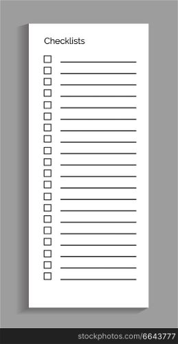 Checklists empty sheet of paper with title and lines in it, squares for putting mark whether task is done or not, vector illustration. Checklist Empty Sheet of Paper Vector Illustration