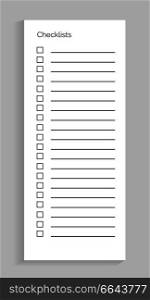 Checklists empty sheet of paper with title and lines in it, squares for putting mark whether task is done or not, vector illustration. Checklist Empty Sheet of Paper Vector Illustration