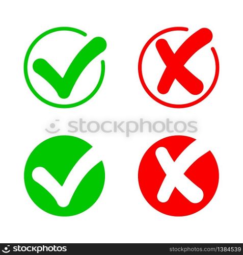 Checkmark and cross. Icon of true. Check answer. Wrong, correct, incorrect and right symbols. x or ok. Green yes, red dont. Positive and bad sign. Button for quiz. Circle with agree and error. Vector.. Checkmark and cross. Icon of true. Check answer. Wrong, correct, incorrect and right symbols. x or ok. Green yes, red dont. Positive and bad sign. Button for quiz. Circle with agree and error. Vector