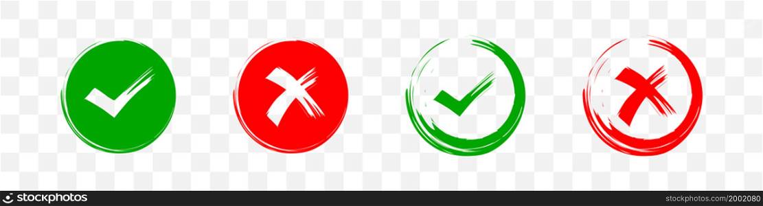 Checkmark and cross. Vector illustration. Green tick and red cross symbol on transparent background.