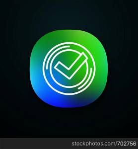 Checkmark app icon. Successfully tested. Tick mark. UI/UX user interface. Quality assurance. Verification and validation. Quality badge. Web or mobile application. Vector isolated illustration. Checkmark app icon