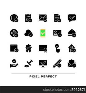 Checkmark black glyph icons set on white space. Information validation signs. Vote marks. Marks for correct data. Silhouette symbols. Solid pictogram pack. Vector isolated illustration. Checkmark black glyph icons set on white space