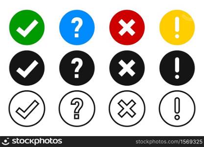 Checkmark cross exclamation and question icon. Vector element collection. Sign symbol set.