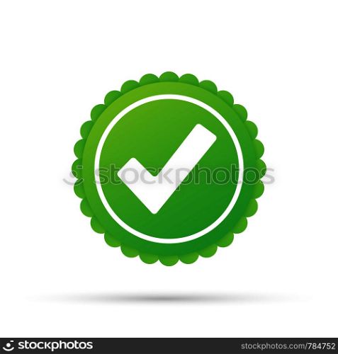 Checkmark. Green approved star sticker on white background. Vector stock illustration.