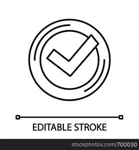 Checkmark linear icon. Successfully tested. Tick mark. Thin line illustration. Quality assurance. Verification and validation. Quality badge. Vector isolated outline drawing. Editable stroke. Checkmark linear icon